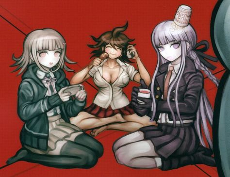 Chiaki, akane, and kirigiri Danganronpa Chihiro, Nanami Chiaki, Pink Blood, Chiaki Nanami, Paint Brush Art, Trigger Happy Havoc, Trigger Happy, Nagito Komaeda, Danganronpa 3