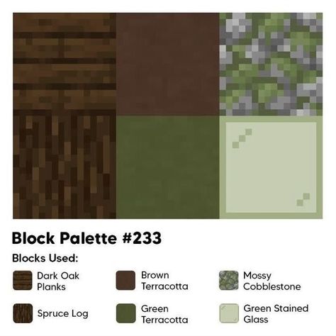 Minecraft Wood Pallets, Minecraft Green Block Palette, Block Pallet Ideas Minecraft Spruce, Minecraft Spruce Color Palette, Minecraft Spruce Block Palette, Mangrove Pallete Minecraft, Dark Oak Block Pallet Minecraft, Minecraft Block Palette Spruce, Minecraft Acacia Palette