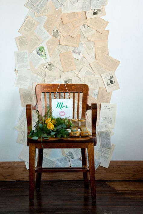 Book Pages Crafts, Newspaper Ideas, Book Backdrop, Library Inspiration, Book Page Crafts, Book Wall, Photo Booth Backdrop, Event Inspiration, Beautiful Chair