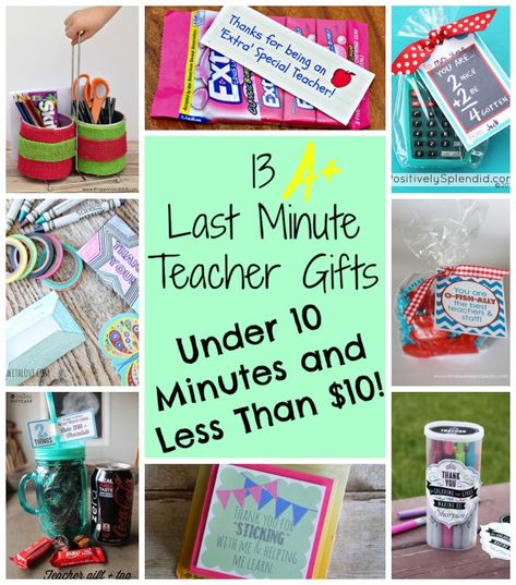 13 Last Minute Teacher Gifts. All take less than 10 minutes to create and less than $10 to make! Teacher Appreciation Gifts Homemade, Teacher Appreciation Gifts From Class, Last Minute Teacher Gifts, Teacher Appreciation Gifts From Students, Easy Teacher Gifts, Dollar Tree Gifts, Compliment Cards, New Teacher Gifts, Teachers Diy