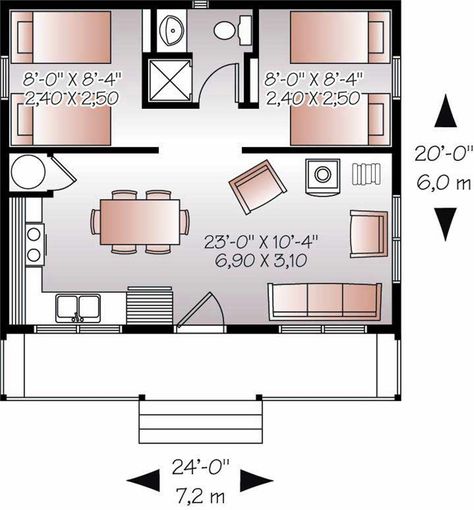 20x24' Floor plan w/ 2 bedrooms. Plan Chalet, Cabin Floor, Cabin Floor Plans, Cabin House Plans, Tiny House Floor Plans, Cottage Plan, Small Cabin, Cabin Style, Cabin Plans