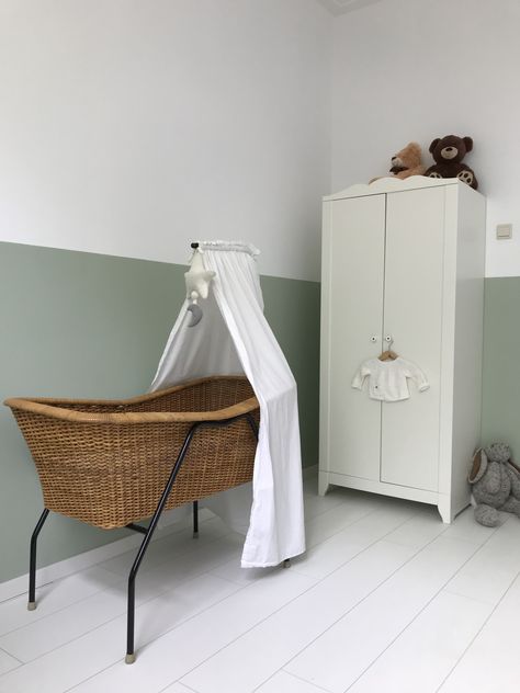 Nursery Wall Half Paint, Half And Half Painted Walls Nursery, Half Painted Wall Living Room Green, Half Green Wall Nursery, Sage Green Half Wall, Half Green Half White Wall, Half Wall Paint Kids Room, Half Green Wall, Vintage Cradle