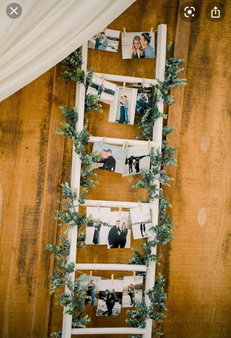 Bride And Groom Photo Display, Graduation Party Ideas Greenery, Wedding Ladder Display, Photo Display Engagement Party, Wedding Photo Board Display, Engagement Party Photo Display, Greenery Bridal Shower Ideas, Bridal Shower Photo Display, Ladder Wedding Decor