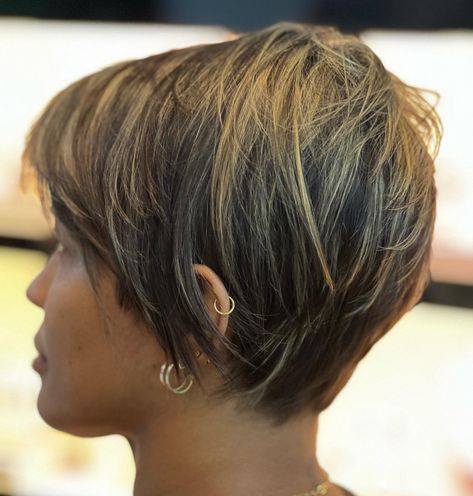 Image 1 of 1 Long Pixie Back View, Pixie Hairstyles 2024, Long Pixie Haircut For Thick Hair, Stacked Pixie Haircut, Grow Out Short Hair, Medium Pixie Cut, Back Of Pixie Haircut Neckline, Pixie Haircut Long, Bixie Colour Haircut 2024