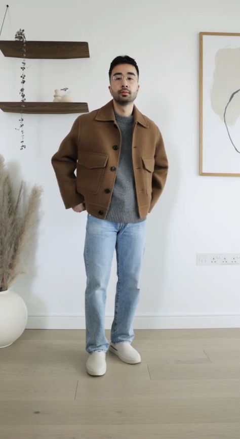 Basic Winter Outfits Men, Tan Overshirt Outfit Men, Overshirt Jacket Outfit Men, Brown Overshirt Men Outfit, Men Shacket Outfit, Mens Clothing Styles Winter, Daniel Simmons Outfit, Brown Jacket Outfit Men, Brown Outfit Men