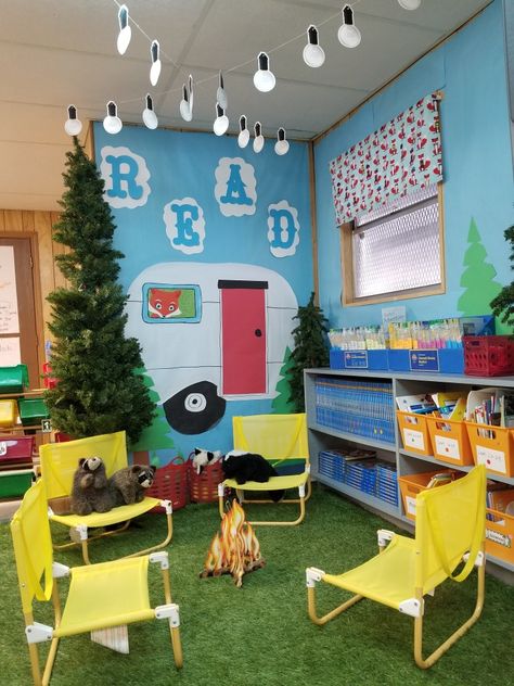 Prek Camping Theme Classroom, Campground Themed Classroom, Camping Theme Library, Summer Camp Room Decor, Camping Theme Preschool Classroom, Campsite Classroom, Camping Classroom Decor, Camp Classroom Theme, Camping Day In The Classroom