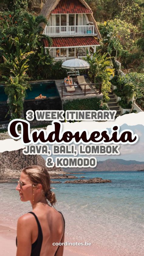 Our pin cover for our 3 week Indonesia itinerary: One picture on top of a triangle house with balcony, a pool in front and two sun chairs. The bottom picture is Sarah standing on a pink beach with turquoise blue water of the sea. Bali Indonesia Travel Itinerary, Borneo Itinerary, Komodo Islands Indonesia, Indonesia Itinerary, Lombok Itinerary, Bali And Lombok Itinerary, Asia Travel Outfit, Labuan Bajo Indonesia, Bali Itinerary