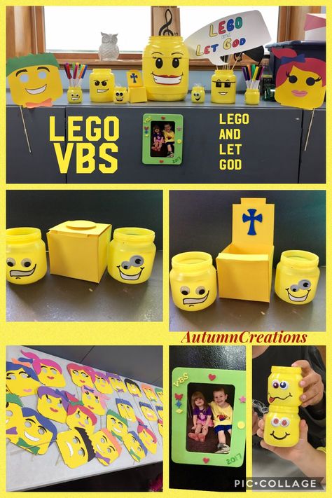 Vacation Bible School Crafts.  Lego theme. Lego and Let God.  Lego face masks. Lego face jars (baby food jars). Lego block boxes. Lego prayer box. Lego photo opps with magnetic frame. Lego And Let God, Lego Bible Lessons, Vacation Bible School Crafts, Footprint Art Kids, Lego Vbs, Lego Night, Lego City Birthday, Lego Bible, Sunday School Themes