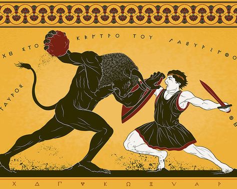 Theseus And The Minotaur, Minoan Art, The Minotaur, Roman Gods, Ancient Greek Art, Greek Pottery, Greek Tattoos, Greek And Roman Mythology, Greek Mythology Art