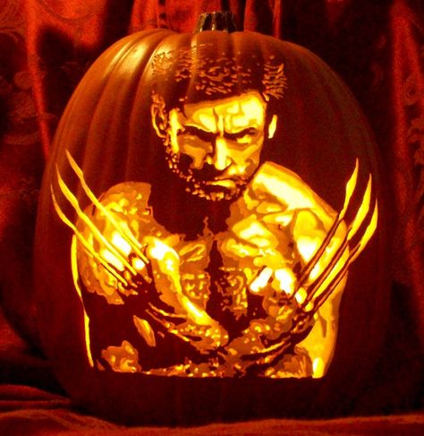 Hellooooooo hottie! Hugh Jackman as #Wolverine carve on a foam pumpkin by The Pumpkin Geek. #xmen Halloween Pumkin Ideas, Pumpkin Carver, Pumkin Carving, Pumpkin Carvings, Pumpkin Carving Templates, Pumpkin Stencil, Halloween Pumpkins Carvings, Pumpkin Art, Pumpkin Faces