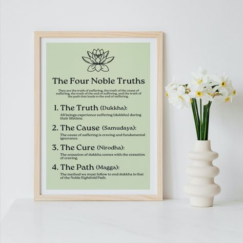 Buddhist poster of the Four Noble Truths with light green background. Four Noble Truths Buddhism, Buddhist Teachings, Poster Display, Buddhist Quotes, The Four, Daily Reminder