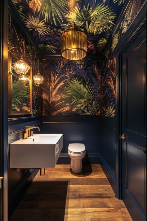 Bar Restroom Design, Hip Bathroom Ideas, Watercloset Bathroom Wallpaper, Wallpaper Toilet Room Ideas, Jungle Toilet Design, Fun Bathroom Inspiration, Dark Downstairs Toilet Ideas, Small Bathroom Moody, Small Tropical Bathroom Ideas