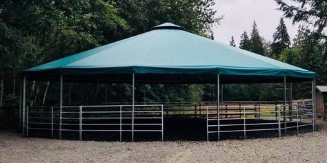 Horse covered round pen Horse Habitat, Horse Feed Room, Round Pens For Horses, Mud Control, Covered Arena, Horse Training Ground Work, Dream Barn Stables, Equestrian Ranch, Horse Farm Ideas