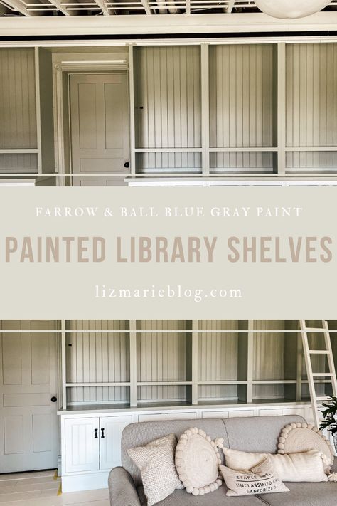 Farrow & Ball Blue Gray Paint on Library Built-In Book Shelves. Farrow And Ball Library, Farrow Ball Blue, Farrow And Ball Blue Gray, Painted Library, Painted Built Ins, Cozy White Cottage, Warm Gray Paint, Library Shelf, Antique Library