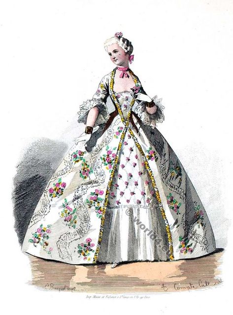 Crinoline.  Costume Epoque de Louis XV. 1770s Fashion Plates, 1770s Fashion France, Louis Xiv Fashion, Robe A La Polonaise 18th Century, Crinoline Fashion, Rococo Lace Costume Dress, Historical Illustrations, Fairytale Style, Rococo Dress