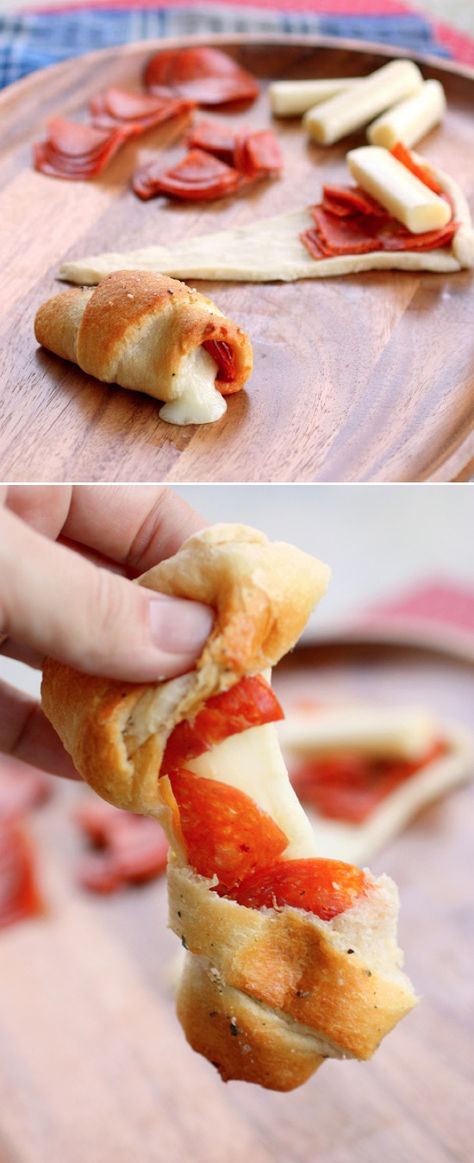 Crescent roll pizzas!  Make these all the time!  Easy dinner night, just add a green salad! Easy Crescent Roll Recipes, Pepperoni Rolls, Cheese Stick, Crescent Roll Recipes, Crescent Roll, God Mat, Think Food, Pan Pizza, Snacks Für Party