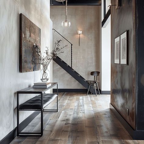 Industrial Chic Entryway Design Modern Industrial Entryway, Black Metal Staircase, Rustic Wooden Floor, Industrial Hallway, Chic Entryway, Hallway Design Ideas, Functional Entryway, Metal Staircase, Entryway Table Decor Ideas