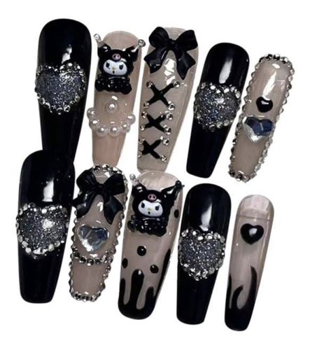 Punk Nails, Gothic Nails, Goth Nails, Grunge Nails, Y2k Nails, Hello Kitty Nails, Pretty Gel Nails, Really Cute Nails, Winter Nail Art