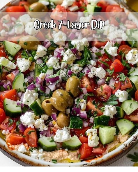 Tasty full Recipes by isabil | The Greek 7-Layer Dip is a delicious, Mediterranean-inspired dish perfect for any gathering or a healthy snack | Facebook 7 Layer Dip, Layer Salad, Perfect Dinner Party, Ham Salad, Layer Dip, Culinary Techniques, Fresh Baked Cookies, Easy Sugar Cookies, 7 Layer