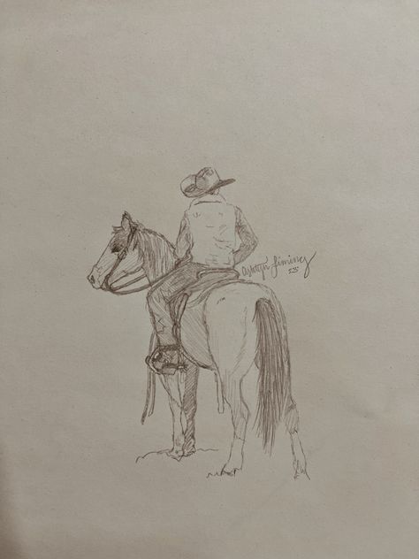 Cowboy Sketch Easy, Cute Country Drawings Easy, Western Sketches Pencil, Western Saddle Drawing, Cowboy Sketch Drawing, Cowboy Drawing Easy, Western Things To Draw, Ranch Drawing, Cowboy Drawing Reference