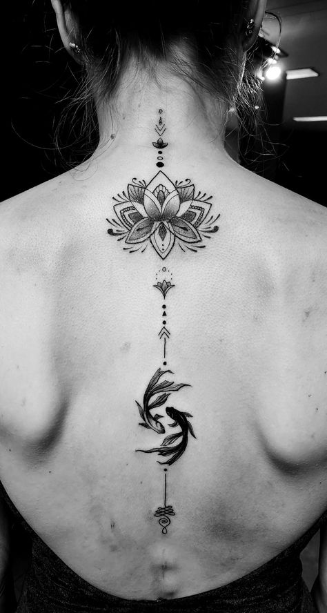 Tattoo back spine unalome lotus with fishes yin yang Ying Yang Spine Tattoo, Spine Tattoos For Women Ying Yang, Yin And Yang Spine Tattoo, Lotus Flower Tattoo Upper Back, Large Lotus Flower Back Tattoo, Unalome Lotus Tattoo, Unalome Lotus, Yin Yang Tattoo, Yang Tattoo