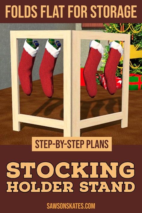 DIY stocking holder stand with four stockings Stalking Holders Christmas Diy, Diy Stocking Holder Stand Ideas, Diy Christmas Stocking Hanger, Christmas Stocking Hangers Diy, Stocking Stand Wooden, Diy Stocking Stand, Wooden Stocking Holder Stand, Stocking Stand Diy, Stocking Holders Diy Wooden