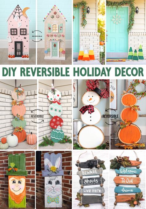 This is a big list of the cutest reversible holiday decoration ideas. Make one craft and use it for multiple seasons just by swapping it around. Who doesn’t love a good two-for-one?! It’s just so much fun to be able to switch a decoration around at the changing of the seasons. It’s also economical as you only have to buy the structural parts once. AND it saves space when you’re storing the decorations in the off season. Fall And Christmas Reversible Sign, Reversible Holiday Decor, Reversible Decor, Saving Money Diy, The Off Season, Create Decor, Holiday Signs, T Love, Fun Diy Crafts