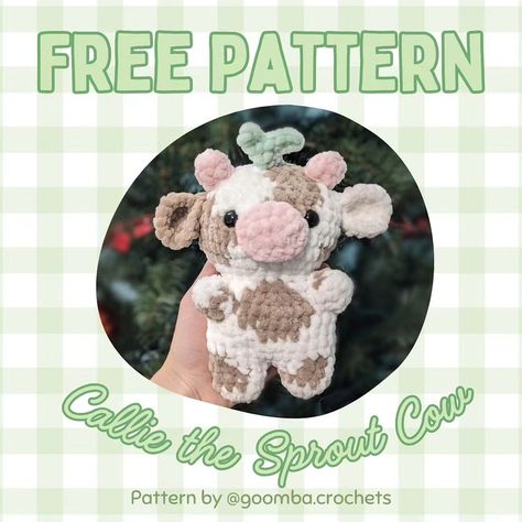 🌱 FREE Callie the Sprout Cow Pattern 🌱 Meet Callie the Sprout Cow 🐮 She is the first of many patterns that will use the same base shape, a… | Instagram Cute Crochet Plushies Free Pattern Cow, Beginner Crochet Cow Pattern Free, Crochet Halloween Cow Pattern Free, Cute Cow Plush, Fuzzy Yarn Crochet Projects Free, Jumbo Yarn Crochet Ideas, Easy Crochet Cow Pattern Free, Small Cow Amigurumi Free Pattern, Fun Amigurumi Patterns