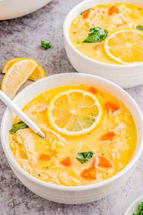 Lemon Chicken Soup - Learn to make this EASY Greek lemon chicken soup (avgolemono) at home! Made in one bowl and ready in just about 30 minutes, this creamy and comforting soup can be made with either orzo or rice. It's rich and luscious without being thick or heavy thanks to the burst of lovely fresh lemon flavor! Greek Lemon Chicken Soup Avgolemono, Lemon Chicken And Orzo, Chicken And Orzo, Greek Lemon Chicken Soup, Lemon Chicken Soup, Averie Cooks, Orzo Soup, Greek Lemon Chicken, Comforting Soup