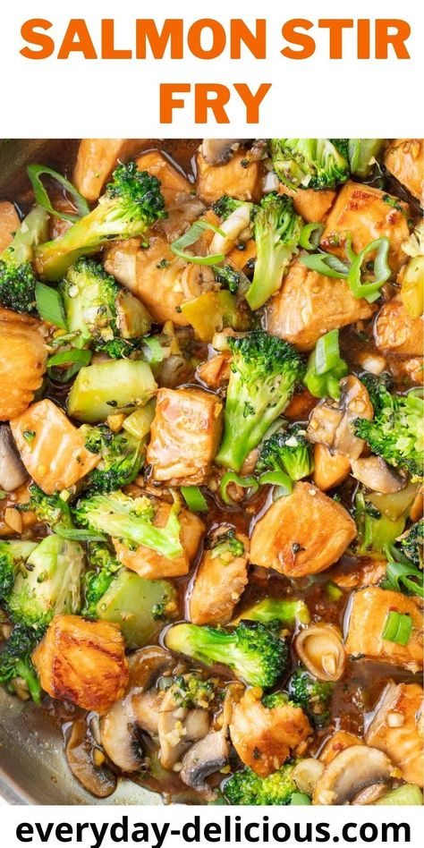 This salmon stir fry makes a delicious 30-minute dinner. Salmon may be an unusual protein for a stir fry but it works so well – it’s super quick to cook and comes out super tender and flavorful. The stir-fry sauce is easy and made with just a couple of ingredients. Mushrooms add additional flavor and broccoli crunch. You’ll love this easy and delicious dinner! Stir Fry With Broccoli, Stir Fry Fish, Baked Bbq Chicken Wings, Broccoli And Mushrooms, Salmon Stir Fry, Dinner Salmon, Cooking Fresh Green Beans, Quick Salmon, Salmon And Broccoli