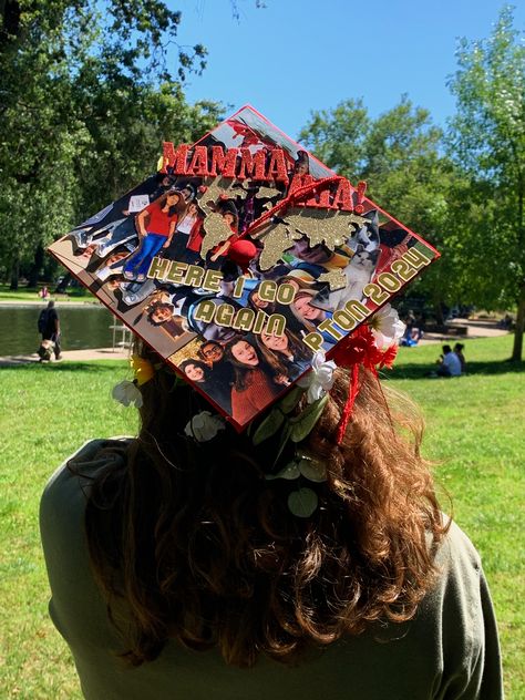 Grad Cap Ideas Mamma Mia, Abba Graduation Cap, Mamma Mia Graduation Cap, Grad Cap Ideas, College Collage, High School Graduation Cap, Senior Crown, College Graduation Cap Decoration, Graduation College