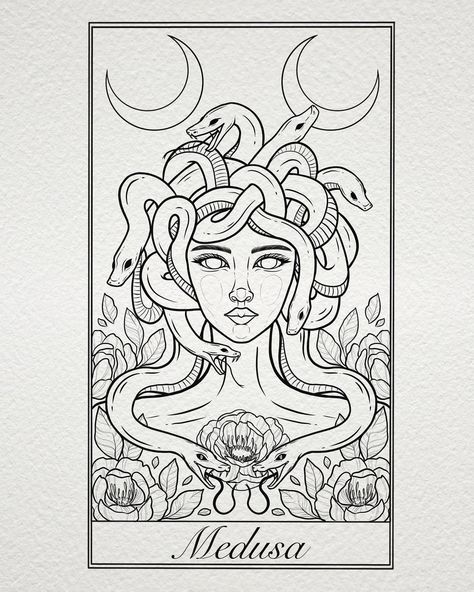 Matching Medusa Tattoos, Medusa Tattoo Tarot Card, Tarot Card Tattoo Stencil, Card Tattoo Stencil, Medusa Tarot Card Tattoo, Medusa Tarot Card, Mythological Women, Tarot Card Tattoo Design, Medusa Illustration