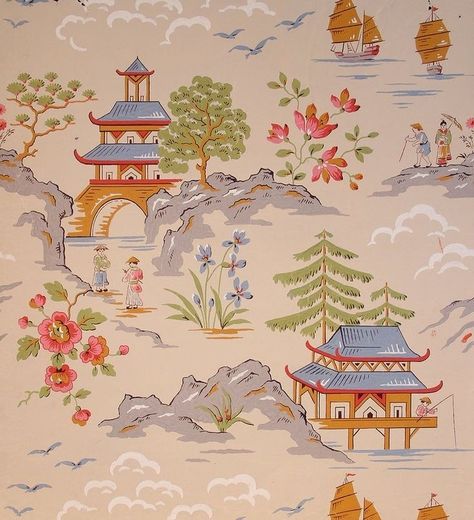 Furnishing Fabrics, Japan Landscape, Chinese Embroidery, French Paper, Japanese Landscape, Japanese Embroidery, Landscape Drawings, Wall Decorations, Gouache Painting