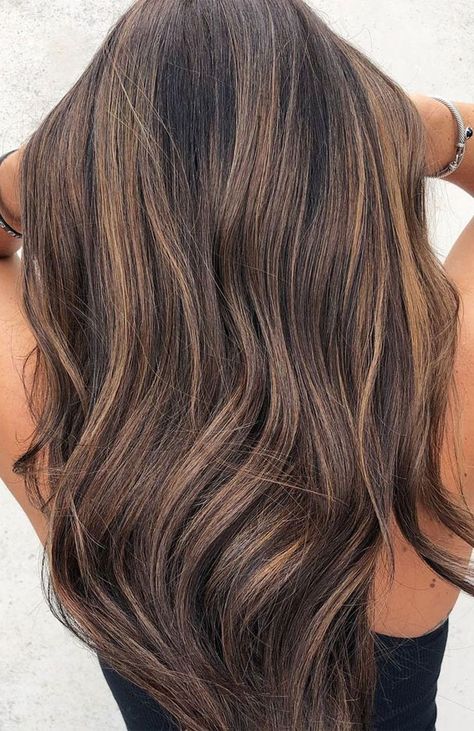 Melted Chocolate Balayage, Brunette With Toffee Highlights, Hair Colour Ideas To Cover Grey, Brown Colour Melt Hair, Brunette Colour Melt, Brunette Hair To Cover Grey, Grey Highlights In Brown Hair Brunettes, Big Highlights Brown Hair, Brunette Covering Grey Hair