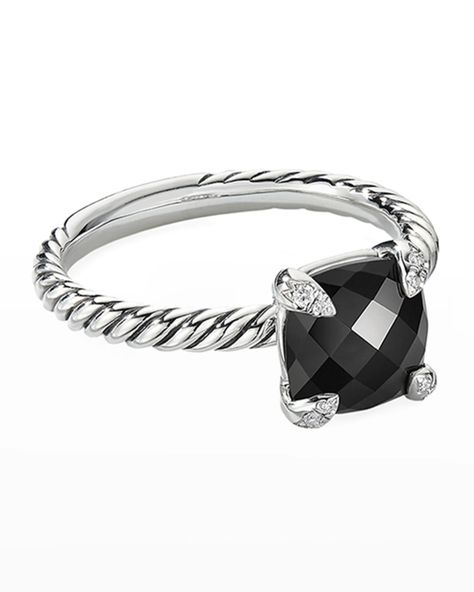 David Yurman ring from the Chatelaine® Collection. Sterling silver as shank, hardware and settings. Amethyst, black onyx, prasiolite or blue topaz. Gemstone in prong settings with diamonds. 0.03 total diamond carat weight. Black Onyx, 1.80 total carat weight Approx. 8mm. Imported. Ring With Gemstone, Yurman Ring, David Yurman Ring, Blue Topaz Gemstone, Cushion Ring, David Yurman Jewelry, Chatelaine, Monogrammed Items, Topaz Gemstone