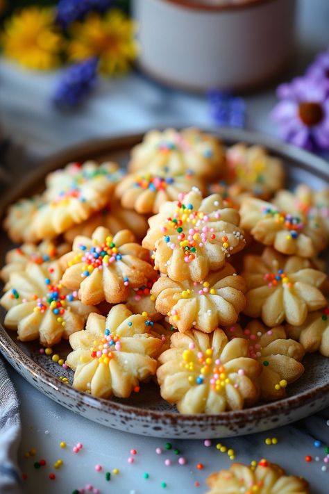 Colorful flower-shaped cookies with sprinkles on a plate. Easy Spritz Cookies, Best Cookie Press Recipes, Santa's Whiskers Cookies Recipe, Cookie Recipe For Cookie Press, Lemon Spritz Cookies, Spritz Cookies Recipes Best, Cookie Press Cookies Recipe, Spritz Cookies Recipes, Spritz Cookies Christmas