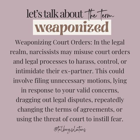 I’m sure by now you’ve heard of the term “weaponized” in conjunction with the narcissistic education community. Realistically, you likely experienced #WeaponizedIncompetence in your relationship with your Nex. When they deliberately acted incompetent to avoid husband & father responsibilities or manipulate you into taking over their tasks. ❕Here are a few examples of how a Narcissistic coparent weaponizes a person or system can sound in real life: ❕🚩Weaponizing Partners: “You should be g... Immature Husband, Weaponized Incompetence, For What It's Worth, Parental Alienation, Family Court, Court Order, Law Office, Boundaries, Real Life