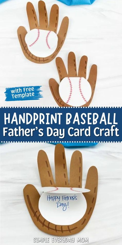 One of the most popular sports in the US is baseball. That’s why this handprint baseball fathers day card craft is perfect! Make it when doing a sports or exercise unit or for Dad or Grandpa on Father’s Day! This diy kids activity is perfect for young kids of all ages and is super simple to make. Plus, it comes with a free template that you can download right away. Print it, have the kids make this homemade card craft for kids, then check out all of our handprint crafts for kids for more ideas! Preschool Baseball Crafts, Baseball Glove Handprint Craft, Baseball Art For Toddlers, Father’s Day Crafts For Kids Sports, Baseball Father's Day Card, Kids Fathers Day Gifts, Diy Father's Day Cards, Kids Fathers Day Crafts, Easy Fathers Day Craft