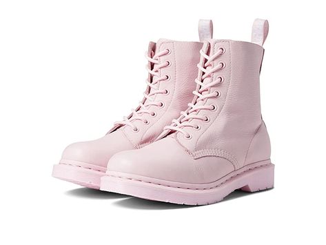 Dr. Martens 1460 Pascal Mono - Women's Boots : Chalk Pink Virginia : Stand out in the sleek simplicity of the Dr. Martens 1460 Pascal Mono Core boot! Virginia leather upper is made of a super-soft, no-break-in leather that is comfortable right out of the box. Eight-eyelet lace-up boot style with flat No Feelings laces. Includes trademark Dr. Martens visible stitching, grooved soles, and heel pull loop. Comfortable leather lining. Goodyear welted construction provides durability with an upper and Dr Martens Pink Boots Outfit, Pink Doc Martens Outfit, Dahlia Hawthorne, Pink Boots Outfit, Oc Claims, Light Pink Boots, Pink Doc Martens, Pink Dr Martens, Pink Combat Boots