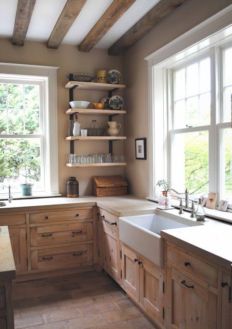 Rustic Farmhouse Kitchen rustic interior kitchen decor kitchen ideas interior decor kitchen projects kitchen decorating ideas Country Kitchen Sink, Dapur Rustic, No Upper Cabinets, Model Dapur, Interior Dapur, Rustic Country Kitchens, Rustic Kitchen Cabinets, Shelves Kitchen, Kabinet Dapur