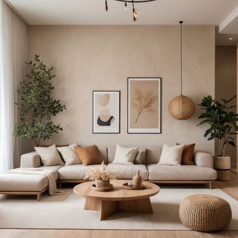 Japan Style Living Room, Minimal Home Decor Living Room, Dark Beige Couch Living Room, Tropical Modern Living Room, Japandi Living Room Ideas, Modern Boho Living Room Inspiration, Japandi Small Living Room, Small Flat Design, Blue Japandi