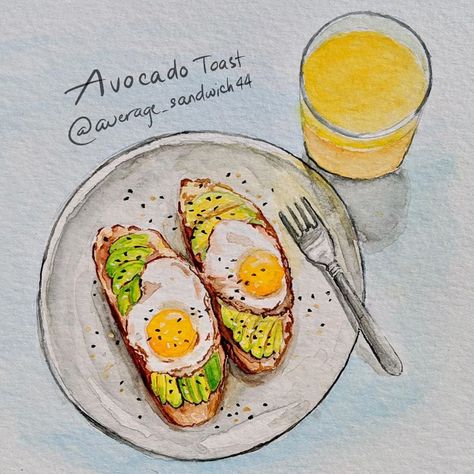 Avocado Toast Painting, Avocado Toast Illustration, Favorite Food Drawing, Avocado Toast Drawing, Toast Watercolor, Toast Drawing, Food Watercolor, Food Art Painting, Recipe Drawing