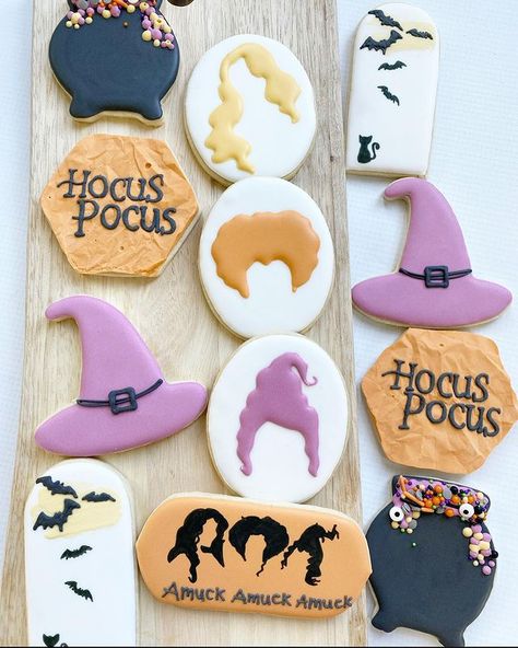 Hocus Pocus Cookies, Fall Bake Sale, Grad Cookies, Halloween Cookies Decorated, Halloween Sugar Cookies, Sugar Cookie Royal Icing, Iced Sugar Cookies, Halloween Baking, Sugar Cookie Designs