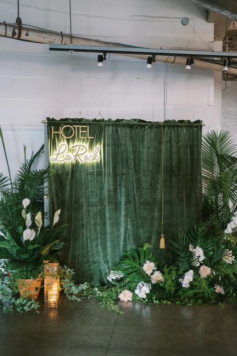 This green and white wedding at Strongwater in Columbus, Ohio found inspiration from the Bride's favorite hotel in Miami, Florida. Green Backdrop Wedding, Green Photo Booth, Downtown Columbus Ohio, Jungle Theme Decorations, Miami Hotel, Pastel Wedding Theme, Green And White Wedding, Old Hollywood Wedding, Miami Hotels