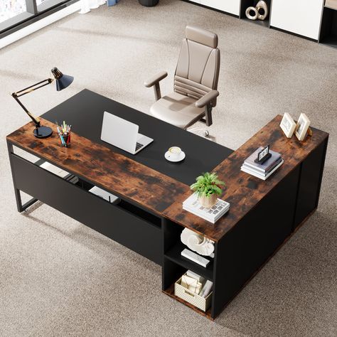 17 Stories 70.86'' Desk & Reviews | Wayfair Office Decor Masculine, Wfh Setup, Cpu Stand, Large Office Desk, Printer Cabinet, L Shaped Office Desk, Desk With Shelves, Work Desks, Storage Rooms