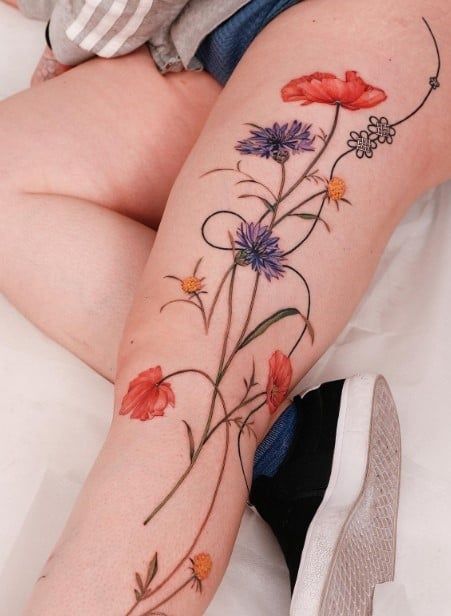 18 Beautiful Leg Tattoo Ideas for Women, 18 beautiful leg tattoo ideas for women with meaning, 18 beautiful leg tattoo ideas for women small, 18 beautiful leg tattoo ideas for women simple, 18 beautiful leg tattoo ideas, leg tattoo ideas, Wildflower Leg Tattoo, Flower Leg Tattoo, Leg Flower Tattoo, Tattoo Ideas For Ladies, Tattoo Ideas Leg, Tattoo Ideas Flower, Vintage Floral Tattoos, Tattoo Ideas For Females, Flower Leg Tattoos