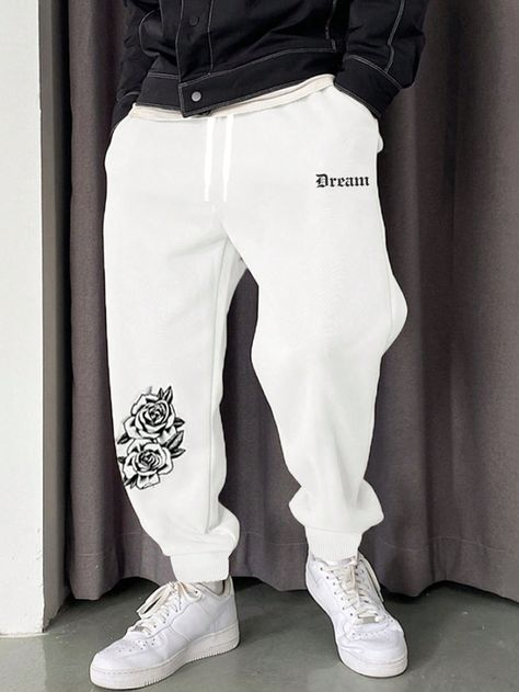 White  Collar  Fabric Letter Jogger Embellished Slight Stretch All Men Plus Size Clothing Joggers Men Outfit, Pantalones Boyfriend, Mens Bottoms, Men Sweatpants, Graphic Sweatpants, Outfit Korean Style, Men Sport Pants, Hype Clothing, Men's Sweatpants