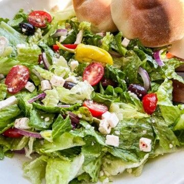 Copycat Panera Greek Salad Recipe - Seanna's Kitchen Panera Greek Salad Recipe, Panera Greek Salad, Panera Salad, Grilled Romaine Lettuce, Greek Salad Recipe, Grilled Romaine, Greek Salad Dressing, Greek Salad Recipes, Cold Salad