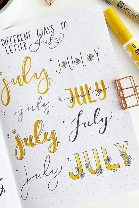 How cute are these yellow July header ideas?! Check out the rest of the list for more yellow page examples! Titles Ideas, Bullet Journal Spread Ideas, Journal Spread Ideas, Bullet Journal Titles, Header Ideas, Bullet Journal Headers, Title Ideas, Bullet Journal Font, Bullet Journal Banner