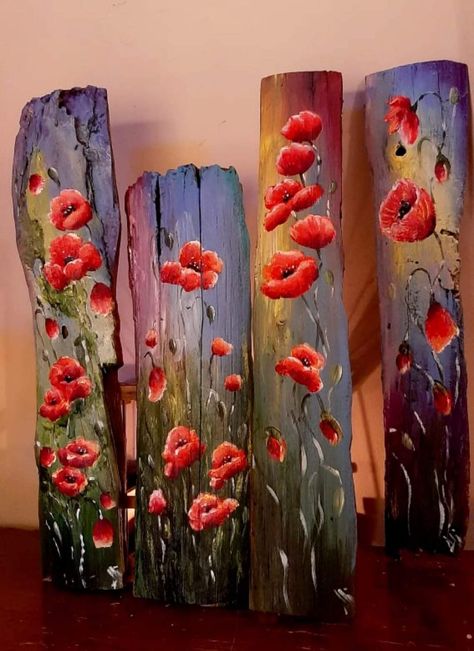 Art Painting Diy, Barn Wood Art, Plank Art, Painting Rainbow, Diy Farmhouse Style, Garden Decor Diy, Diy Craft Ideas, Wood Painting Art, Poppy Painting